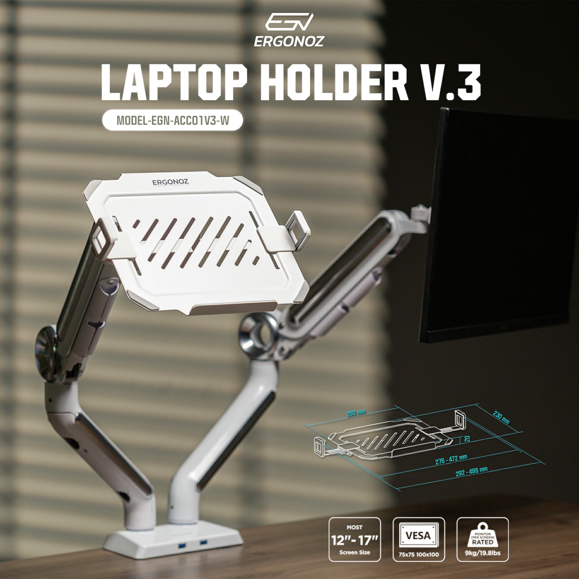 แท่นวางโน๊ตบุ๊ค ERGONOZ EGN-ACC01V3-W, สีขาว (LAPTOP HOLDER VER.3 (ต้องมีแขนจับจอก่อน))_2